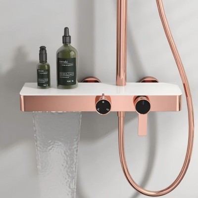 Rose Gold 3-Way Exposed Shower System Manufacturer with Integrated Storage Shelf
