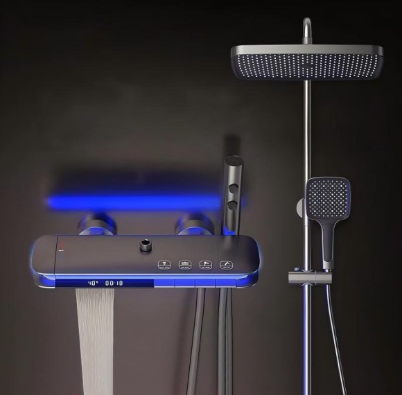 Grey Thermostatic Exposed Shower System Supplier for Hotel Projects with LED Display