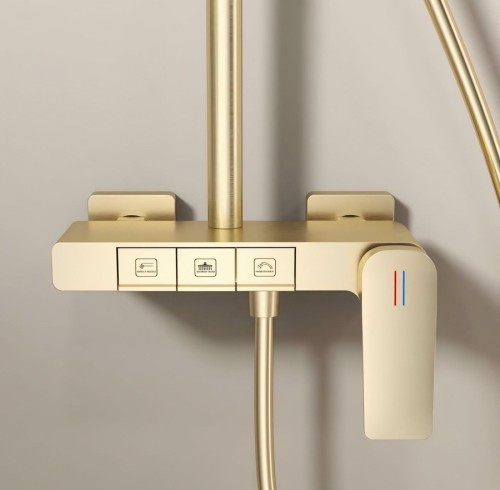 Piano Button Control Creates Premium Shower Experience | Brushed Gold | Exposed Shower System | Supplier for Bathroom Projects