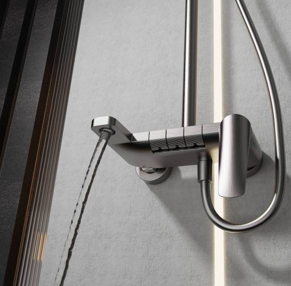 Grey Square Exposed Shower System Supplier with Rainfall and Handheld Spray