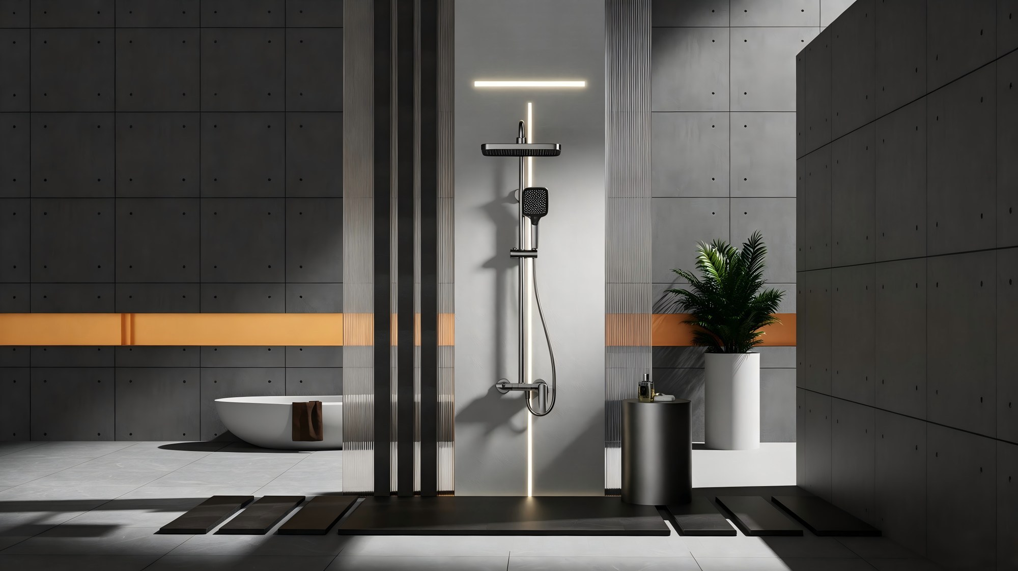 Grey square exposed shower system