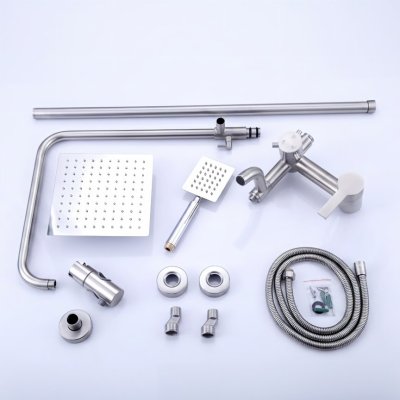 Brushed Nickel Exposed Shower System Manufacturer with Square Rain Shower and Spout