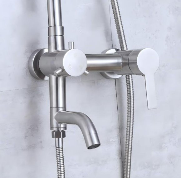 Brushed Nickel Exposed Shower System Manufacturer with Square Rain Shower and Spout