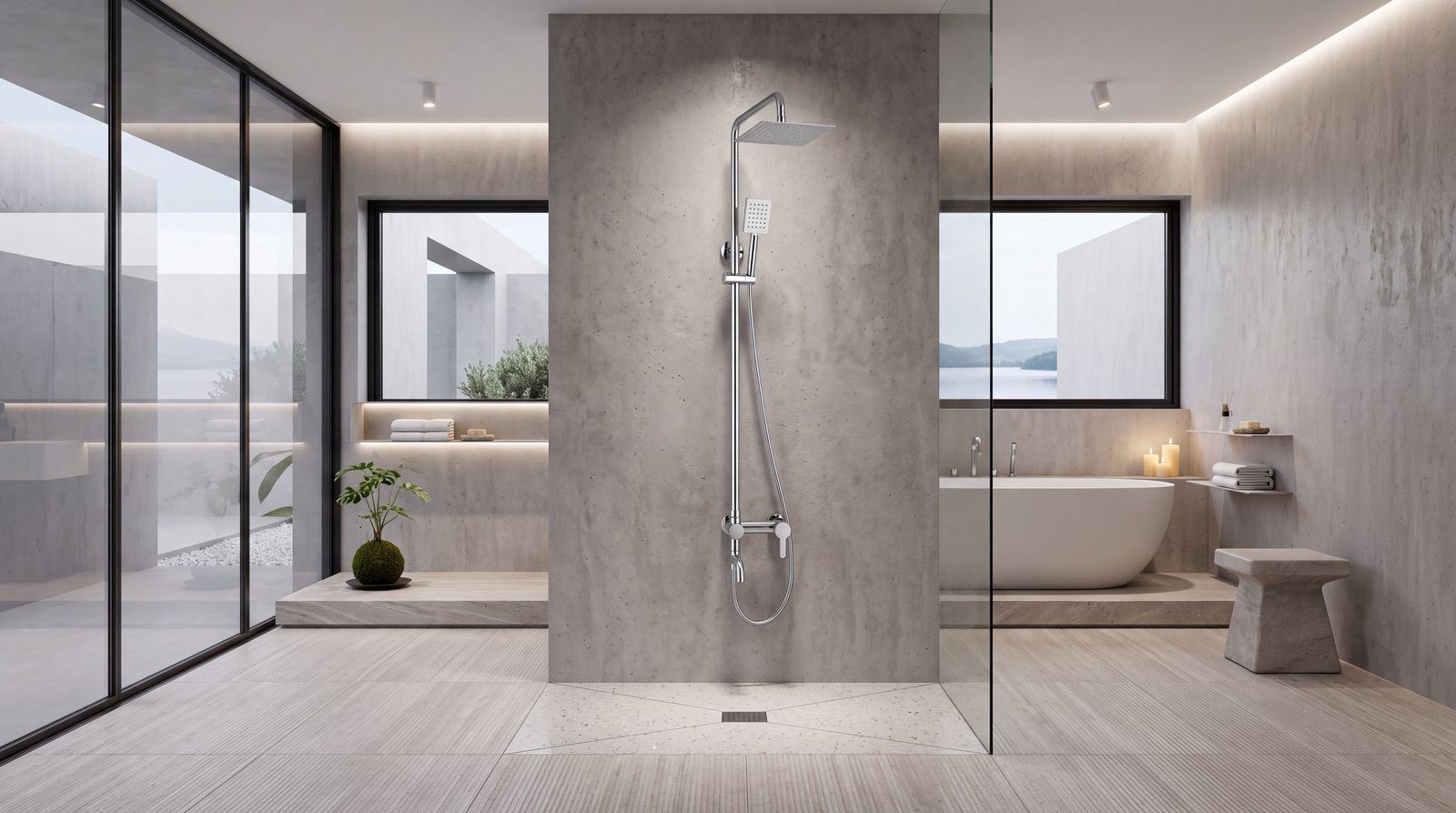 Brushed Nickel Exposed Shower System Manufacturer with Square Rain Shower and Spout