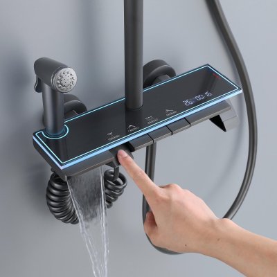 Grey Waterfall Exposed Shower System with Glass Shelf and LED Display Wholesale Supplier