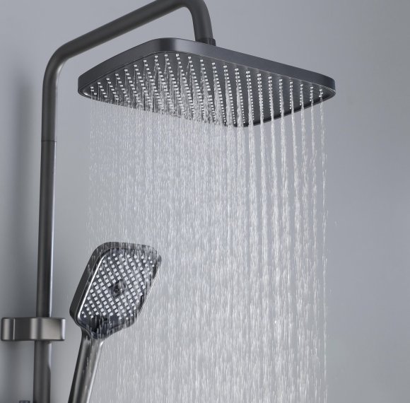 Grey Waterfall Exposed Shower System with Glass Shelf and LED Display Wholesale Supplier