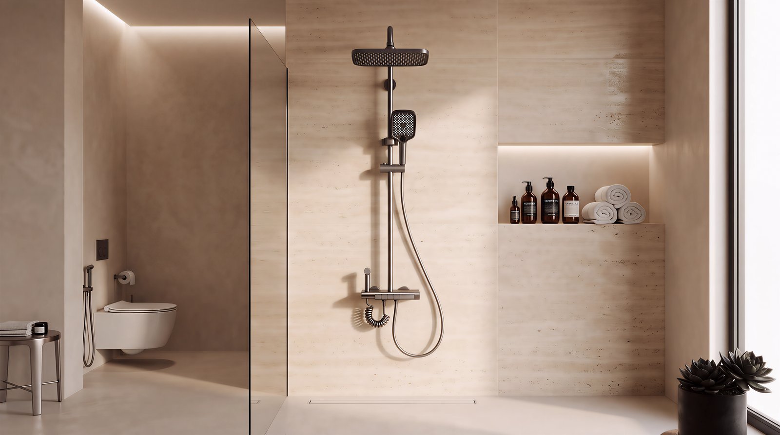 Grey Waterfall Exposed Shower System with Glass Shelf and LED Display Wholesale Supplier