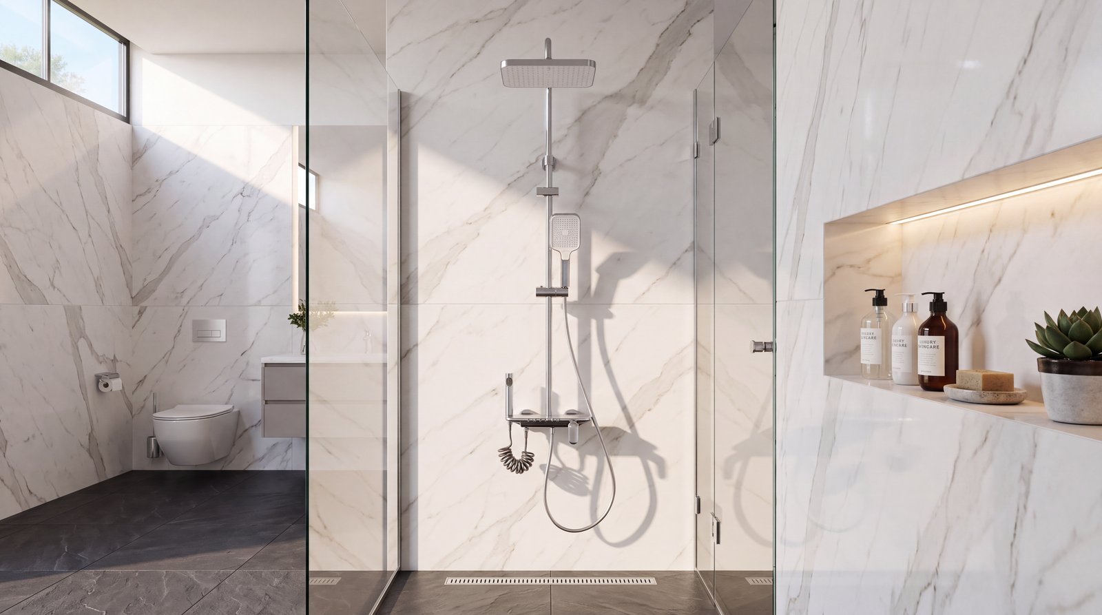 Chrome 4-Way Exposed Shower System with Piano Button Control Wholesale Supplier