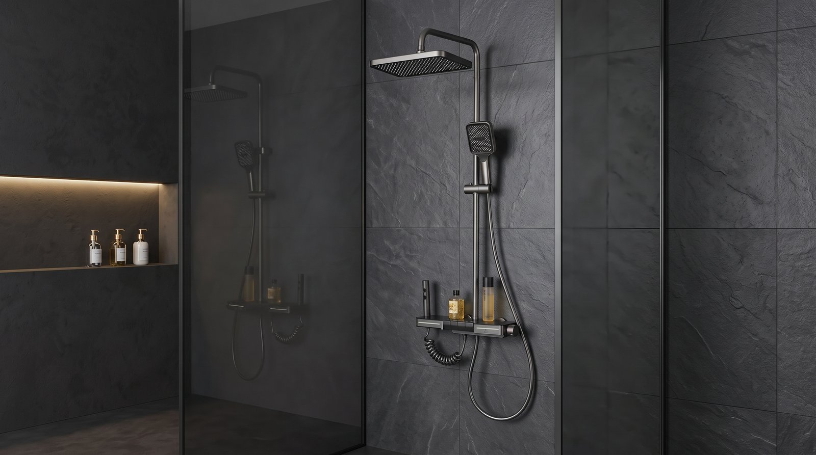 Grey Waterfall Shower System with Glass Shelf and Multi-Spray Handheld Wholesale Supplier