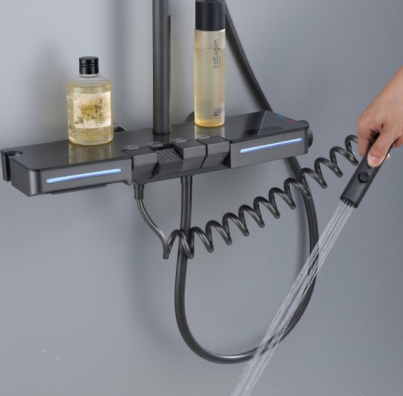 Grey Waterfall Shower System with Glass Shelf and Multi-Spray Handheld Wholesale Supplier