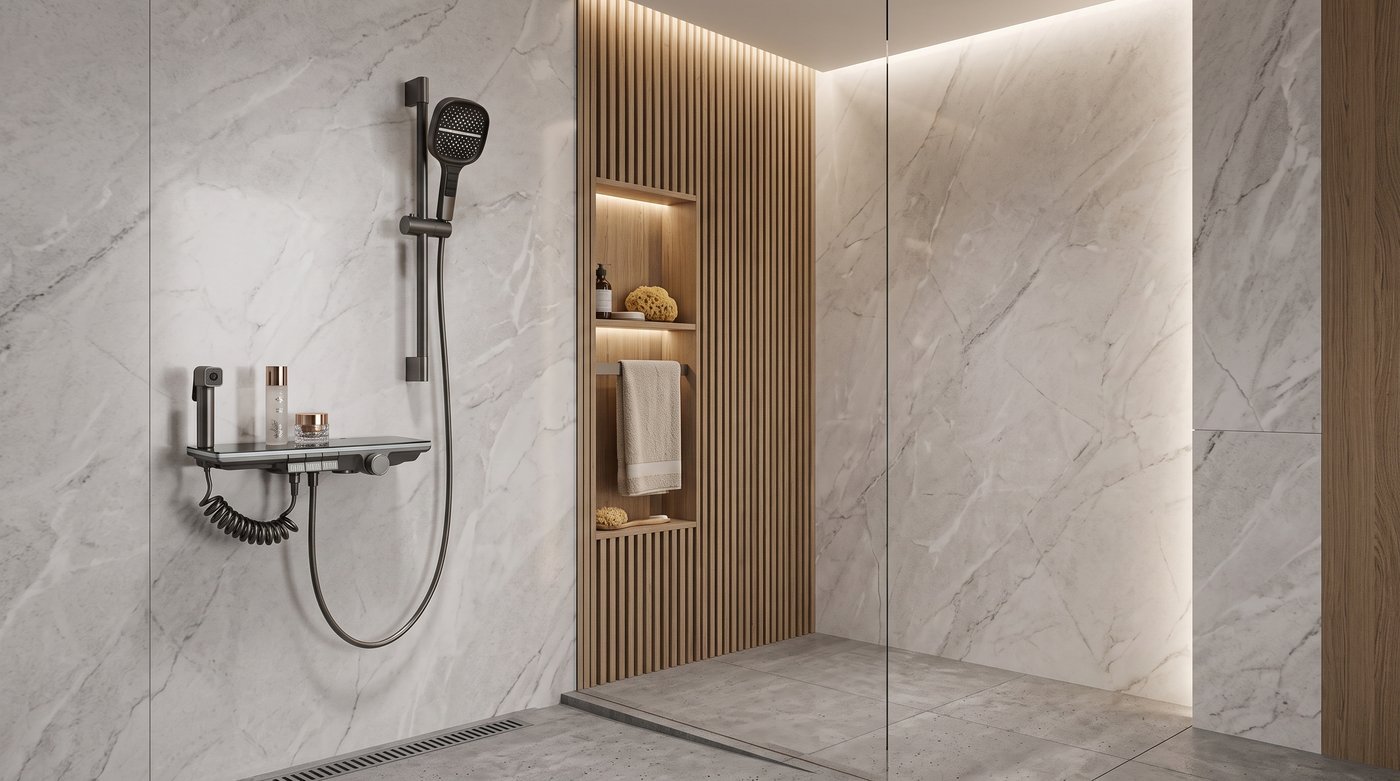 Grey Wall Mounted Bathtub Faucet with Waterfall Outlet and Spray Gun Luxury Supplier