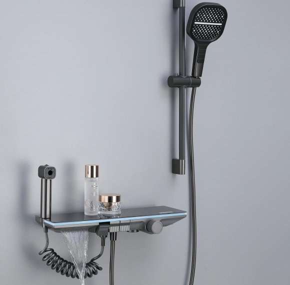 Grey Wall Mounted Bathtub Faucet with Waterfall Outlet and Spray Gun Luxury Supplier