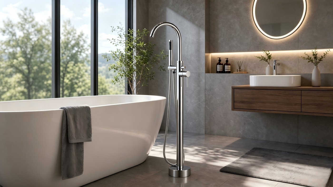 Chrome Freestanding Bathtub Faucet Supplier with Handheld Spray and Gooseneck Spout