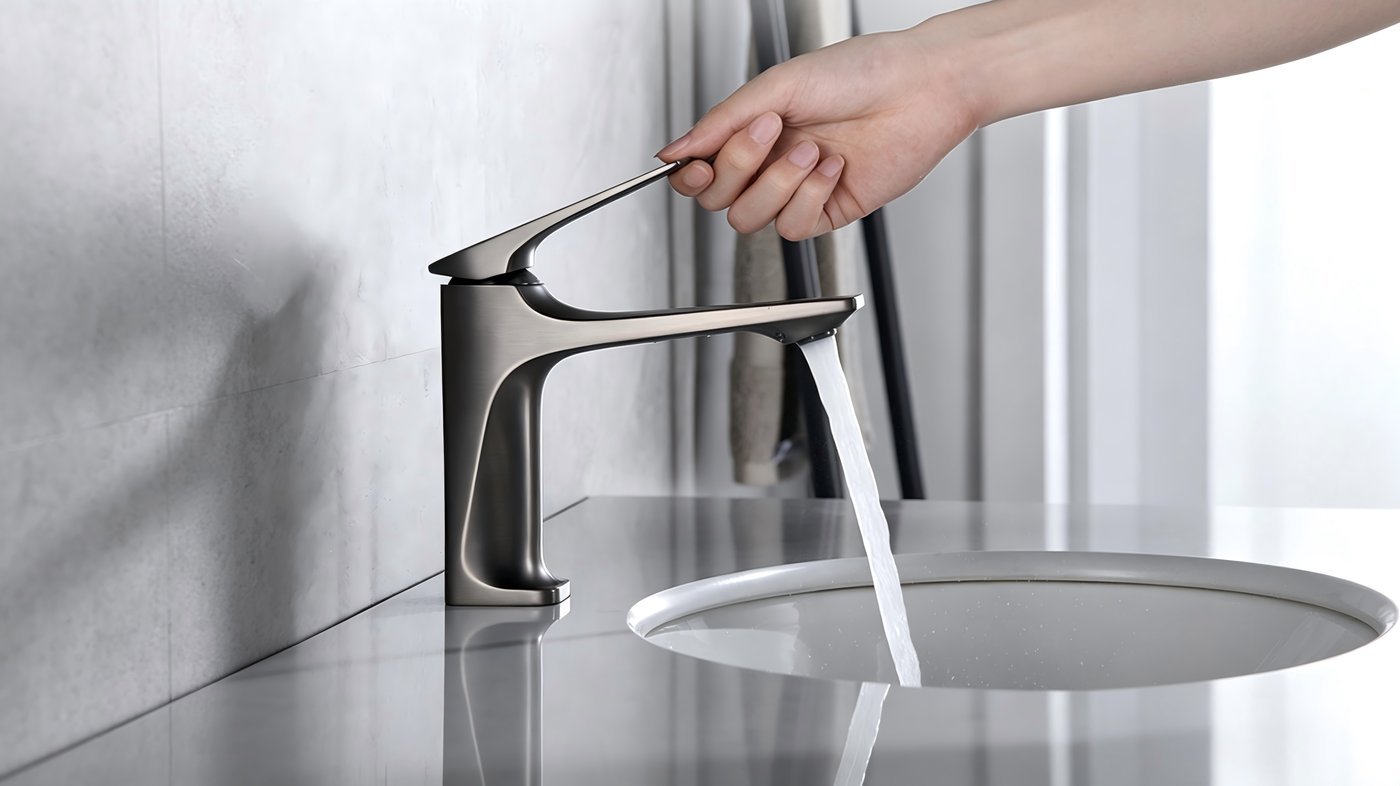 Grey Basin Faucet Supplier with Curved Body and Single Lever Mixer