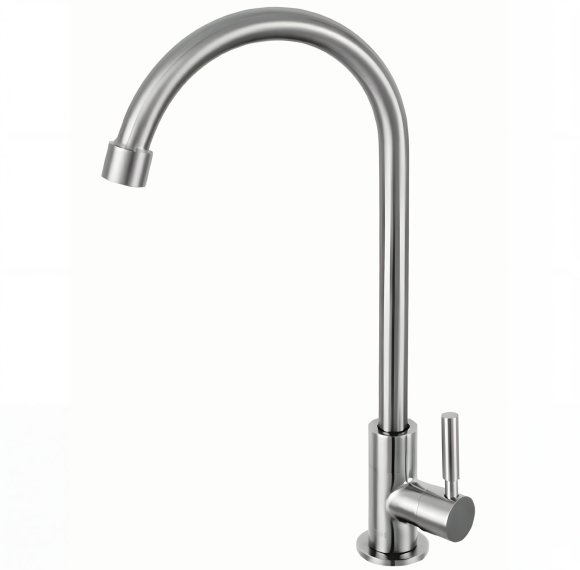 Brushed Nickel Single Cold Kitchen Tap Supplier with Gooseneck Swivel Spout