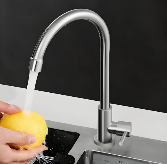 Brushed Nickel Single Cold Kitchen Tap Supplier with Gooseneck Swivel Spout