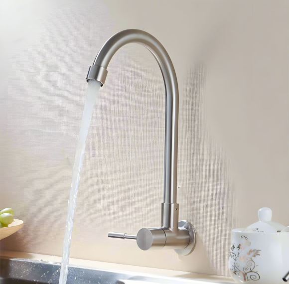 Brushed Nickel Wall Mounted Kitchen Tap Supplier with Gooseneck Spout