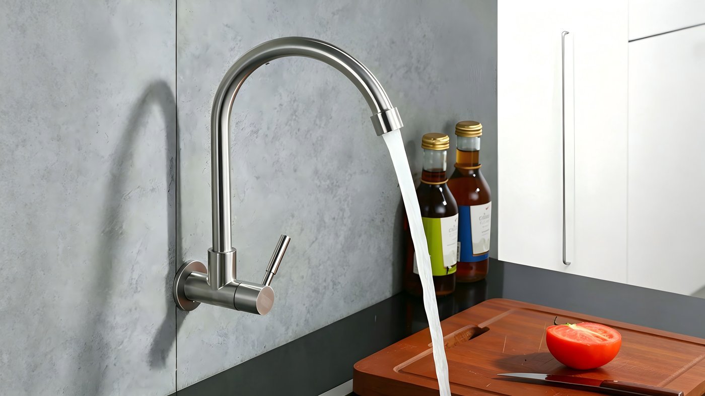 Brushed Nickel Wall Mounted Kitchen Tap Supplier with Gooseneck Spout