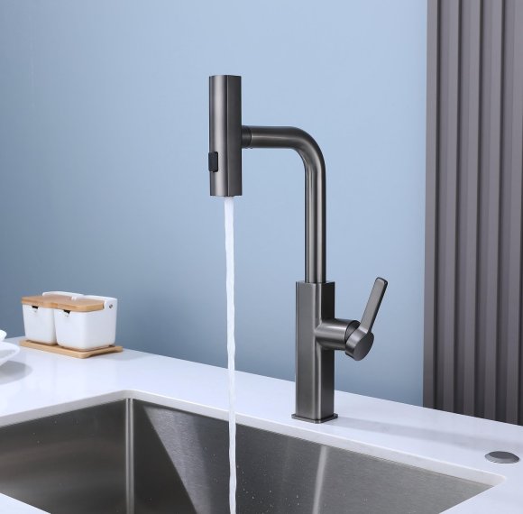 Grey Kitchen Faucet Supplier with Pull Out Spray Head and Three Functions