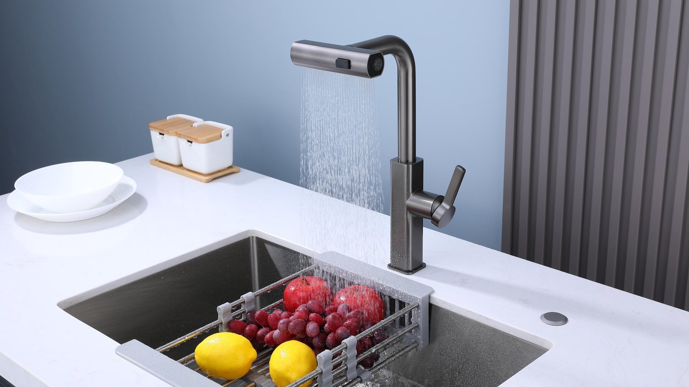 Grey Kitchen Faucet Supplier with Pull Out Spray Head and Three Functions