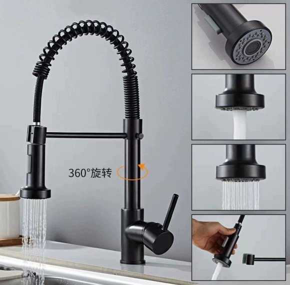 Matte Black Kitchen Faucet Supplier with Spring Coil Spray Head
