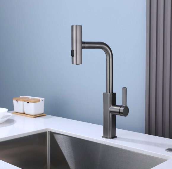 Grey Kitchen Faucet Supplier with Pull Out Spray Head and Three Functions