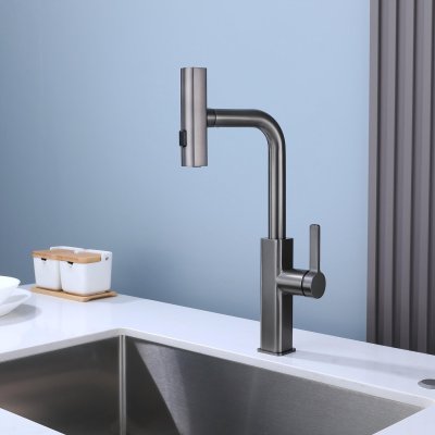 Grey Kitchen Faucet Supplier with Pull Out Spray Head and Three Functions