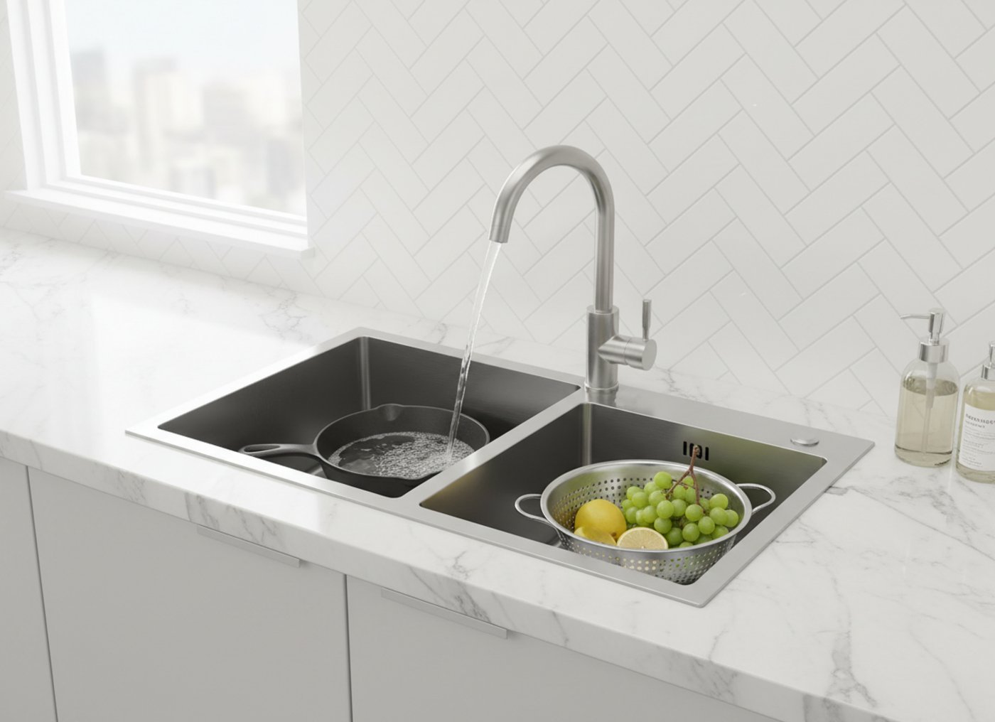 Brushed Nickel Double Bowl Kitchen Sink Supplier with 304 Stainless Steel Body