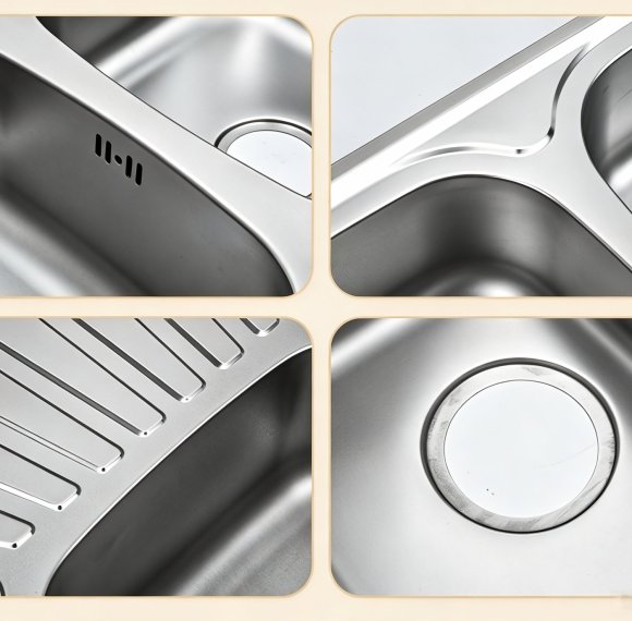Brushed Nickel Double Bowl Kitchen Sink with Drainboard Wholesale Supplier