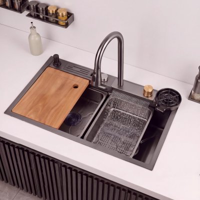 Black Smart Kitchen Sink Supplier with Cup Washer and Pull Out Faucet Kit