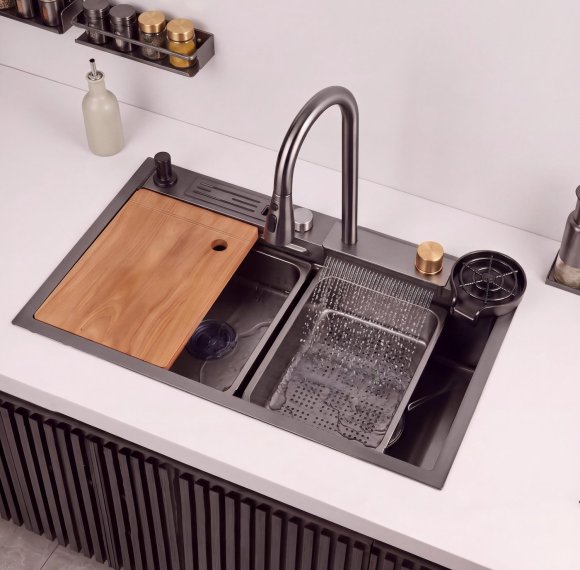 Black Smart Kitchen Sink Supplier with Cup Washer and Pull Out Faucet Kit