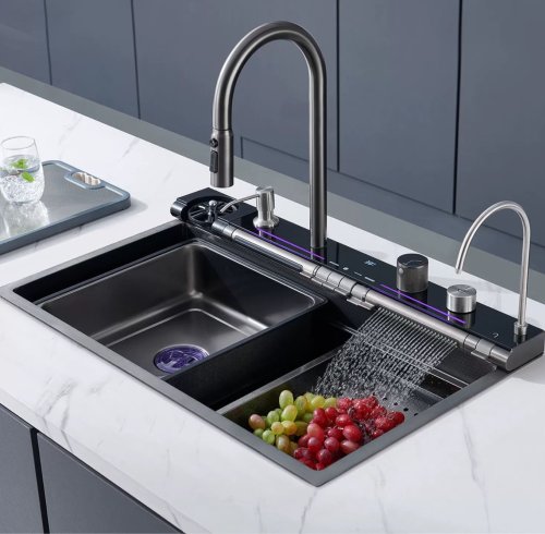 Black Luxury Smart Kitchen Sink Supplier with Waterfall and Multi Mode Water Output