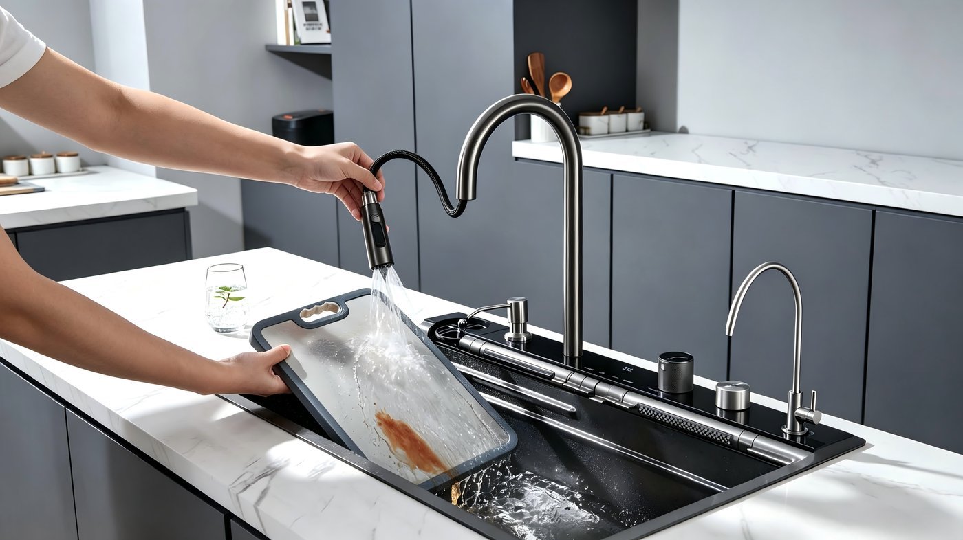 Black Luxury Smart Kitchen Sink Supplier with Waterfall and Multi Mode Water Output