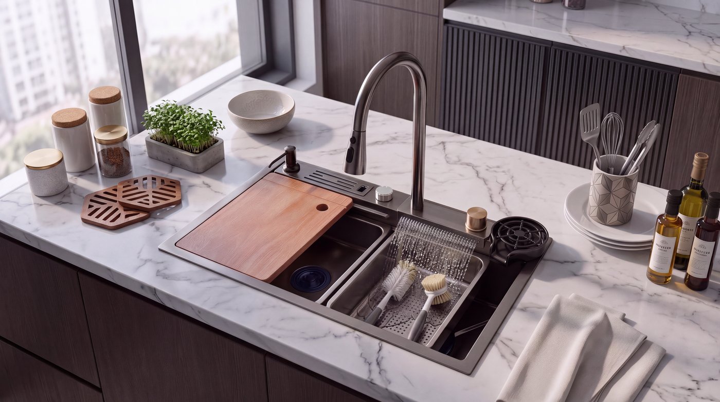 Black Smart Kitchen Sink Supplier with Cup Washer and Pull Out Faucet Kit