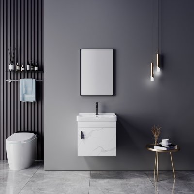 White Plywood Bathroom Vanity Cabinet Supplier with Ceramic Basin and Round Mirror