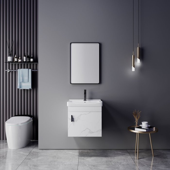 White Plywood Bathroom Vanity Cabinet Supplier with Ceramic Basin and Round Mirror