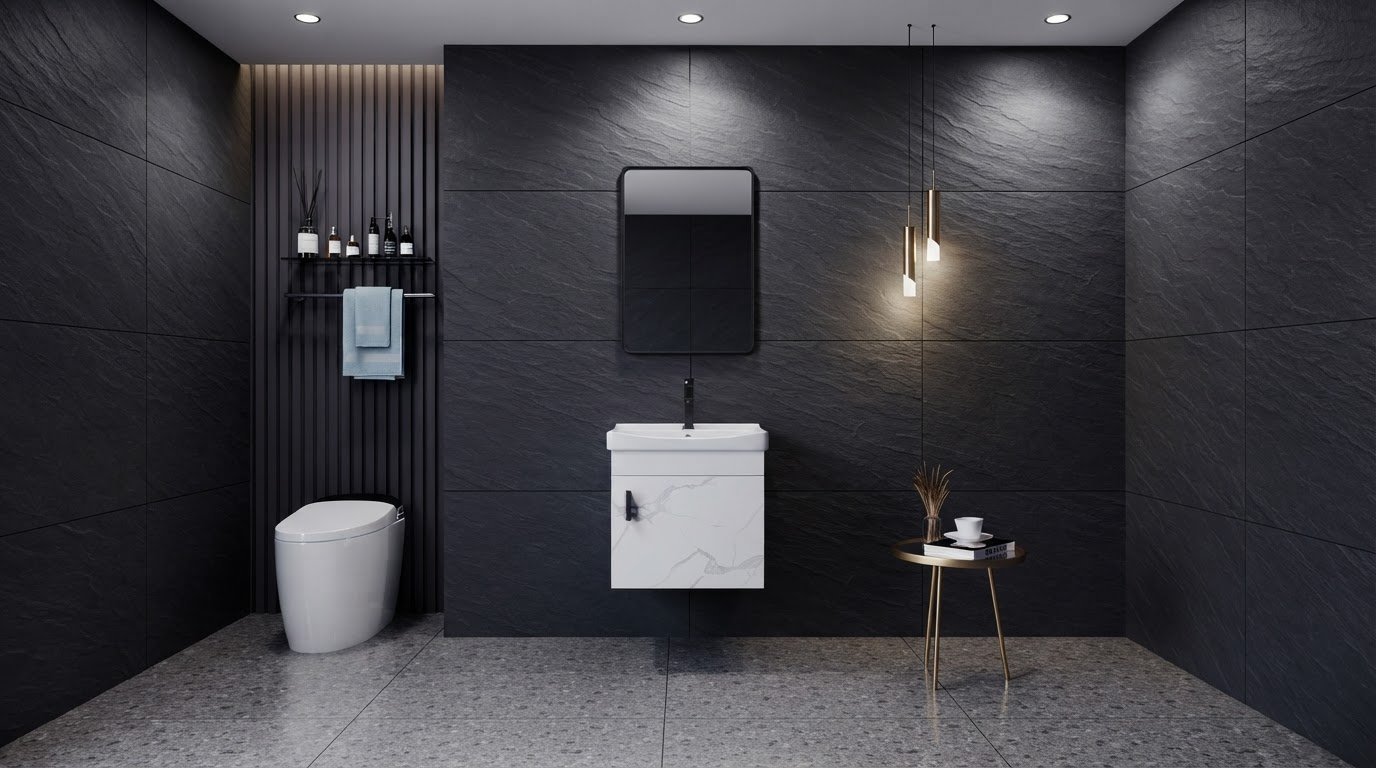 White Plywood Bathroom Vanity Cabinet Supplier with Ceramic Basin and Round Mirror