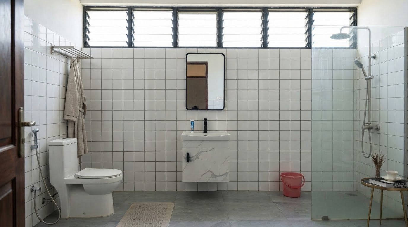 Sleek Black Framed Rounded Mirror & Accent Hardware