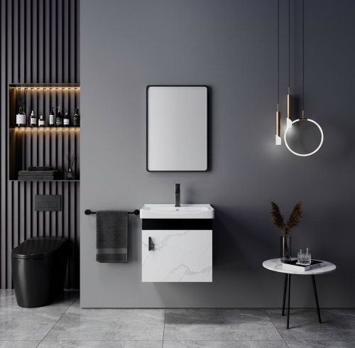 Two-Tone Plywood Bathroom Vanity Supplier with Deep Ceramic Basin and Black Hardware