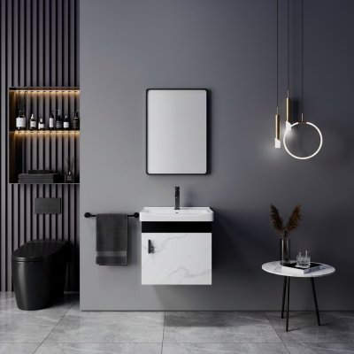Two-Tone Plywood Bathroom Vanity Supplier with Deep Ceramic Basin and Black Hardware