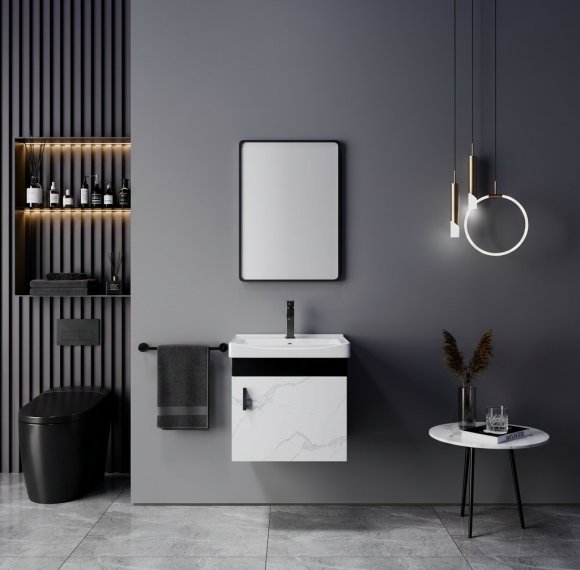 Two-Tone Plywood Bathroom Vanity Supplier with Deep Ceramic Basin and Black Hardware