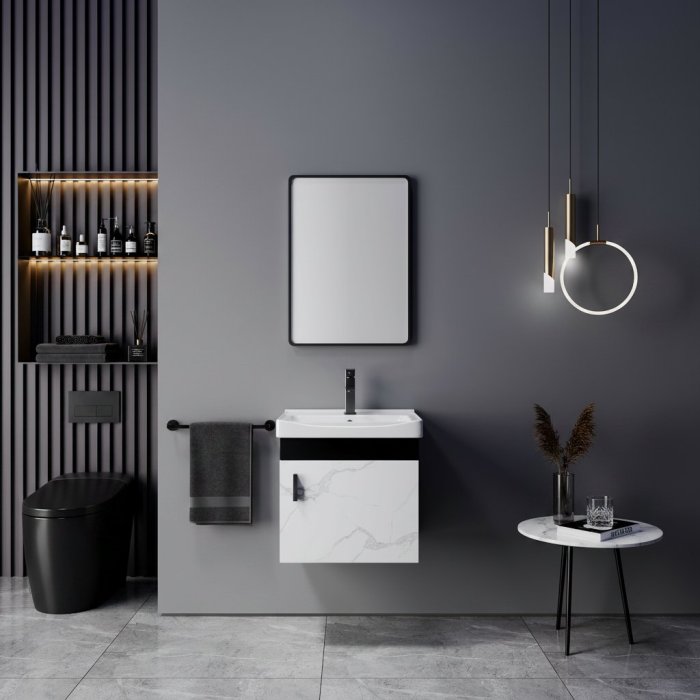 Two-Tone Plywood Bathroom Vanity Supplier with Deep Ceramic Basin and Black Hardware