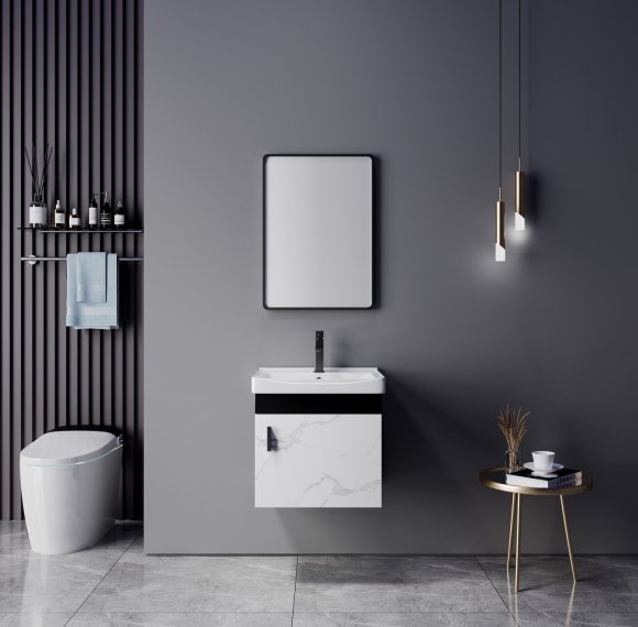 Two-Tone Plywood Bathroom Vanity Supplier with Deep Ceramic Basin and Black Hardware