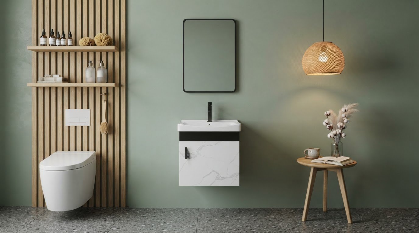 Two-Tone Plywood Bathroom Vanity Supplier with Deep Ceramic Basin and Black Hardware