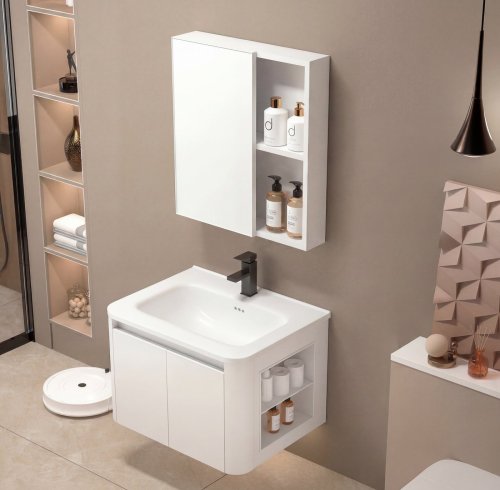 Cream White PVC Bathroom Vanity Cabinet Supplier with Dual Side Open Storage