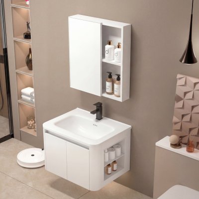 Cream White PVC Bathroom Vanity Cabinet Supplier with Dual Side Open Storage