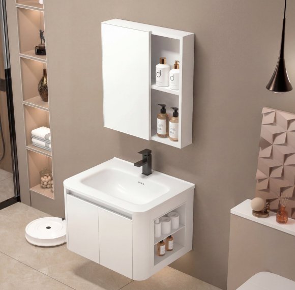 Cream White PVC Bathroom Vanity Cabinet Supplier with Dual Side Open Storage