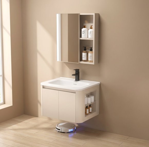 Cream White PVC Bathroom Vanity Cabinet Supplier with Dual Side Open Storage