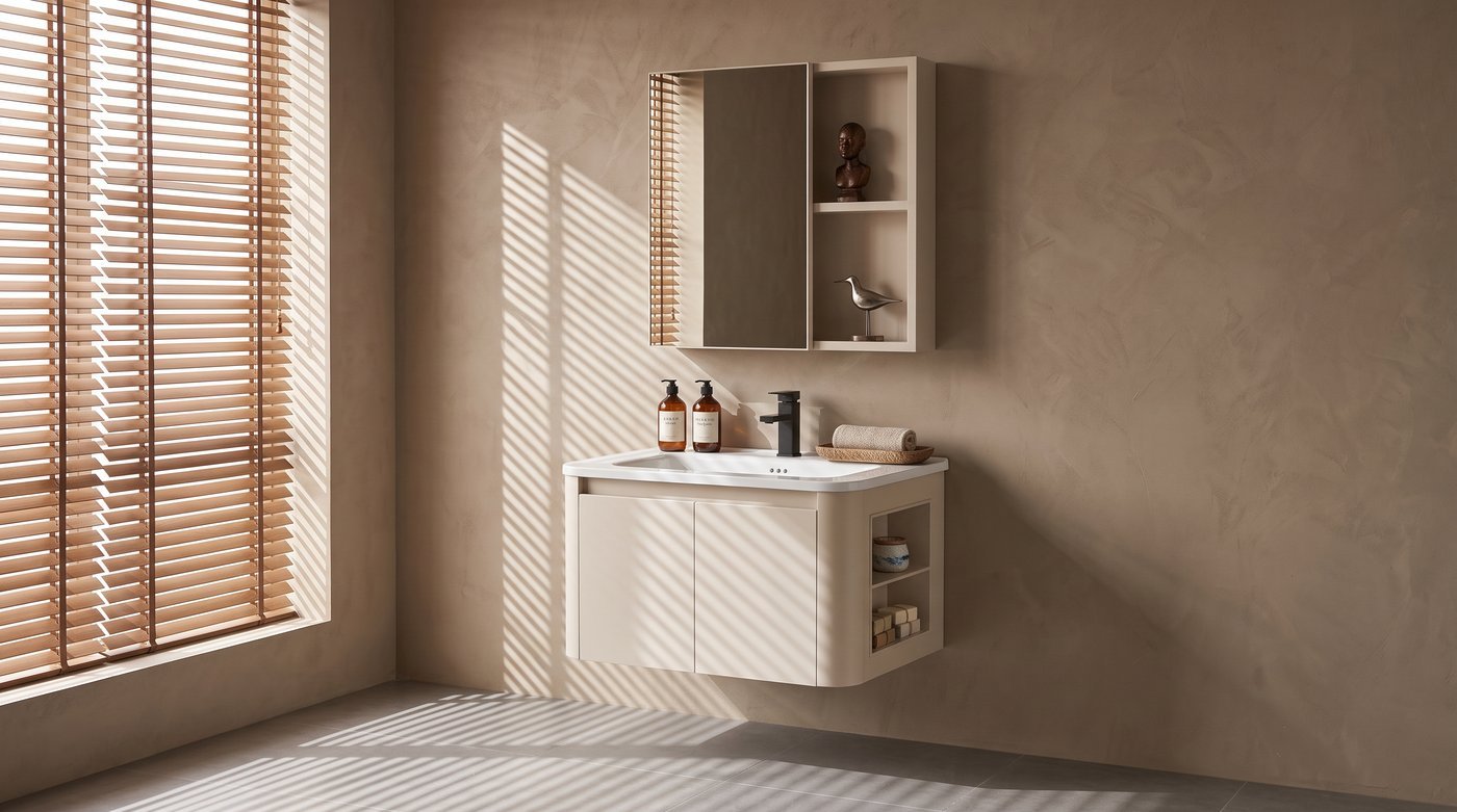 Cream White PVC Bathroom Vanity Cabinet Supplier with Dual Side Open Storage