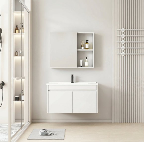 Pure White PVC Bathroom Vanity Cabinet Supplier with J-Pull Handle Design